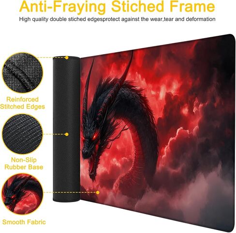 Large Mouse Pad Red Black Dragon Gaming Mousepad Desk Pad Mat for Keyboard and Mouse, Large Non-Slip Rubber Base Mousepad Desk Mat with Stitched Edges for Gaming Office, 31.5 x 11.8 in in Kuwait
