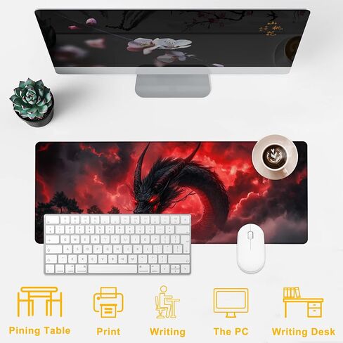 Large Mouse Pad Red Black Dragon Gaming Mousepad Desk Pad Mat for Keyboard and Mouse, Large Non-Slip Rubber Base Mousepad Desk Mat with Stitched Edges for Gaming Office, 31.5 x 11.8 in in Kuwait