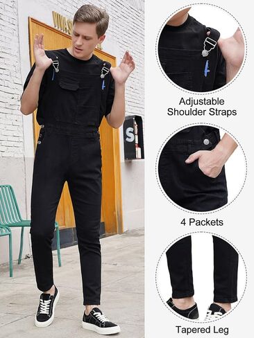LONGBIDA Men's Denim Bib Overalls Fashion Slim Fit Jumpsuit with Pockets in Kuwait