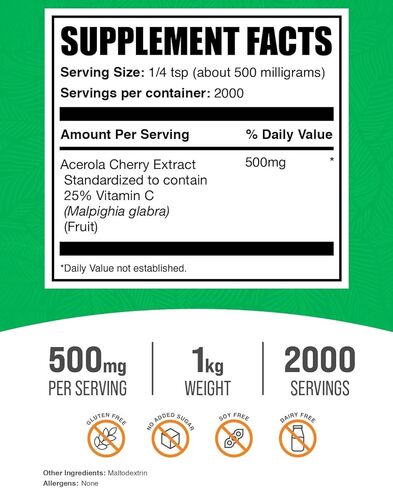BULKSUPPLEMENTS.COM مستخلص الكرز الهندي (25% فيتامين C) - مسحوق فيتامين C - مسحوق الكرز الهندي - مكمل فيتامين C الطبيعي - فيتامين C النباتي - مسحوق Acerola (250 جرام - 8.8 أونصة) in Kuwait