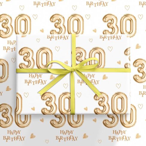 Ruspepa 30th ورقة التغليف عيد ميلاد للنساء ، لفة صغيرة ، تصميم البالون الأصفر من أجل هدية حفلة عيد ميلاد سعيد والمناسبات الخاصة ، 17 بوصة × 16.4 قدم ، 30 سنة in Kuwait