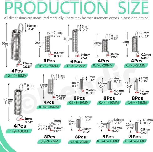Keadic 100Pcs 25 Sizes Stainless Steel Extension Spring Assortment Set, 0.3/0.4/0.5/0.6/0.7/0.8/0.9/1/1.2mm Wire Diameter Small Mechanical Springs for Shop Home Repairs in Kuwait