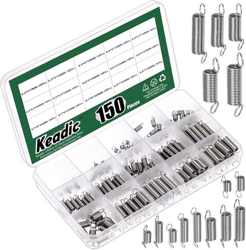 Keadic 100Pcs 25 Sizes Stainless Steel Extension Spring Assortment Set, 0.3/0.4/0.5/0.6/0.7/0.8/0.9/1/1.2mm Wire Diameter Small Mechanical Springs for Shop Home Repairs in Kuwait