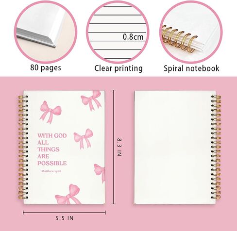 Pink Coquette Bow Christian Notebook, Inspirational Christian Journal for Women, With God All Things are Possible Bible Journal Notebook, Bible Journaling Hardcover Spiral Notebook 5.5x8.3 Inch in Saudi Arabia
