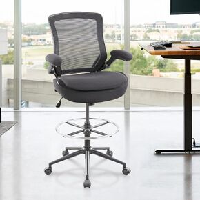 Drafting Chair Tall Office Chair, Ergonomic Standing Desk Computer Stools with, Flip-up Armrests, Adjustable Height and Big Foot-Ring, Comfortable Double Seat Cushion Foam Seat(Balck)