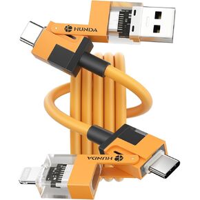 HUNDA 4 in 1 USB C to C Fast Charging Cable, Silicone USB C to Lightning Cable 100W Dual Type C Cable Combo Lightning/Type C/USB A Ports for iPhone 15/15 Pro/15 Pro Max,Android,Samsung etc,5ft in Kuwait