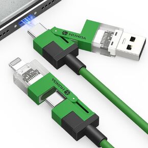 HUNDA 4 in 1 USB C to C Fast Charging Cable, Silicone USB C to Lightning Cable 100W Dual Type C Cable Combo Lightning/Type C/USB A Ports for iPhone 15/15 Pro/15 Pro Max,Android,Samsung etc,5ft