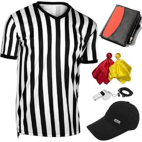 6 Pieces Men's Official Referee Costume Set, Official Umpire Jersey Collar V-Neck Referee Shirt Referee Cards Hat Whistle with Lanyard Penalty Flag, Referee Necessities for Basketball Football Soccer