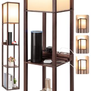 مصباح أرضي LED برف للتحكم باللمس من FOLKSMATE مع أرفف، شحن USB، منفذ من النوع C ومخرج طاقة، مصباح قائم قابل للتعتيم لغرفة المعيشة وغرفة النوم