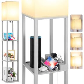 FOLKSMATE Touch Control Shelf LED Floor Lamp with Shelves, Charging USB, Type C Port and Power Outlet, Dimmable Standing Lamp for Living Room, Bedroom
