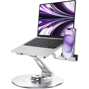 Ultra-Stable Aluminumy Swivel Laptop Stand for Desk with Rotating Foldable Phone Holder, 300% Larger Base, Stylish Computer Stand for Women, Men Office, Fits 10-17.3" Laptops, Pink