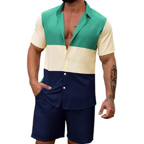 LecGee Mens Short Set 2 Piece Outfits Button Down Color Block Shirts And Shorts Set Summer Tracksuits