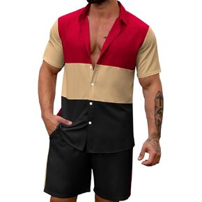 LecGee Mens Short Set 2 Piece Outfits Button Down Color Block Shirts And Shorts Set Summer Tracksuits