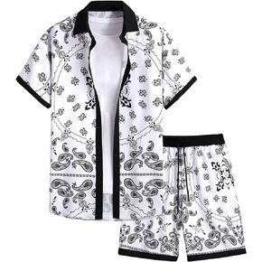 GORGLITTER Men's 2 Piece Outfits Paisley Print Short Sleeve Shirt and Short Sets with Pockets