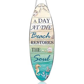 Hotop Metal Surfboard Sign Decor A Day At The Beach Restores The Soul Plaque Hanging Beach Decor for Wall and Door Outside Decor, 4 x 12.6 Inch