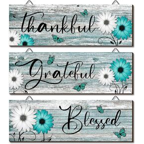 3 Pcs Thankful Grateful Blessed Wooden Signs Rustic Daisy Wood Wall Decor Inspirational Wall Art Signs Rustic Teal Wooden Hanging Decorations for Bedroom Kitchen Living Room Bathroom Home