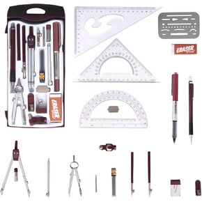 Drawing Tools & Kits 20Pc Geometry Set Aluminum Compass,Protractors,Set Square,Ball Pen,Bow-Pen,Erasing Shield etc.for Basic Beginner Engineers and Students.Size:10x4.6x1 inches (red)