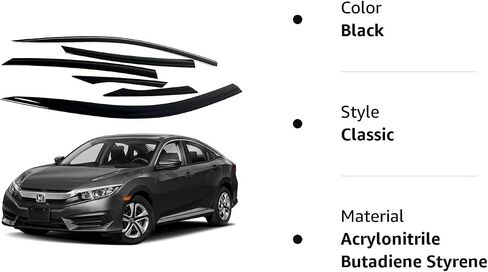 مجموعة أقنعة النافذة الواقية من المطر بشريط من AUTOCLOVER مكونة من 6 قطع لسيارة Honda Civic Sedan 4dr 2016 2017 2018 2019 2020 2021 / عاكسات النوافذ، ظلال فتحات التهوية خارج القناة (مدخنة) in Saudi Arabia