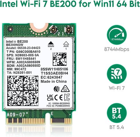 بطاقة شبكة WiFi لاسلكية EDUP Intel BE200 BE200NGW 8774Mbps Bluetooth 5.4 Tri-Band 802.11be NGFF M.2 Module، MU-MIMO، WPA4، محول شبكة لاسلكي لأجهزة الكمبيوتر المحمول، يعمل فقط لنظام التشغيل Windows 11 (64 بت) in Kuwait
