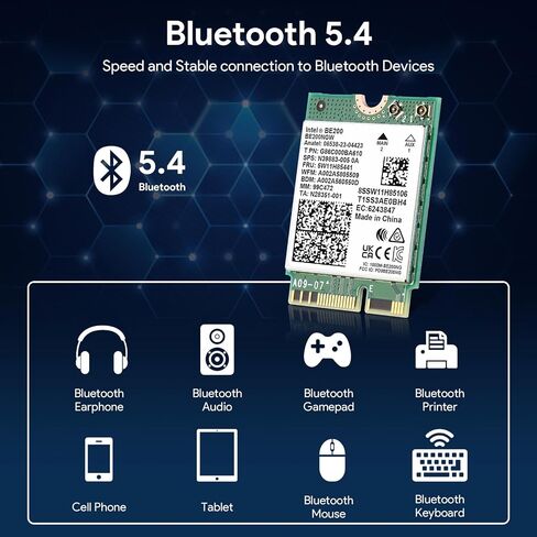 بطاقة شبكة WiFi لاسلكية EDUP Intel BE200 BE200NGW 8774Mbps Bluetooth 5.4 Tri-Band 802.11be NGFF M.2 Module، MU-MIMO، WPA4، محول شبكة لاسلكي لأجهزة الكمبيوتر المحمول، يعمل فقط لنظام التشغيل Windows 11 (64 بت) in Kuwait