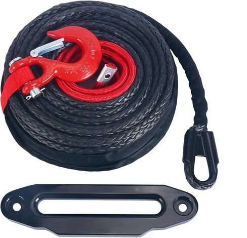 YaeKoo 1/2 "x 92ft خط كابل حبل ونش صناعي مع كم واقي 22000 رطل + 10 بوصة من الألومنيوم الأسود Hawse Fairlead + خطاف أحمر متوافق مع Jeep ATV UTV SUV Truck Boat Ramsey in Saudi Arabia