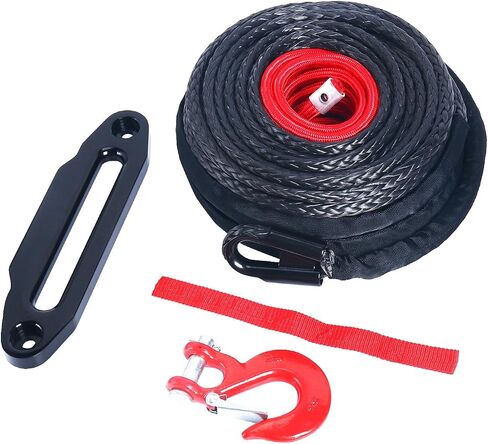 YaeKoo 1/2 "x 92ft خط كابل حبل ونش صناعي مع كم واقي 22000 رطل + 10 بوصة من الألومنيوم الأسود Hawse Fairlead + خطاف أحمر متوافق مع Jeep ATV UTV SUV Truck Boat Ramsey in Saudi Arabia