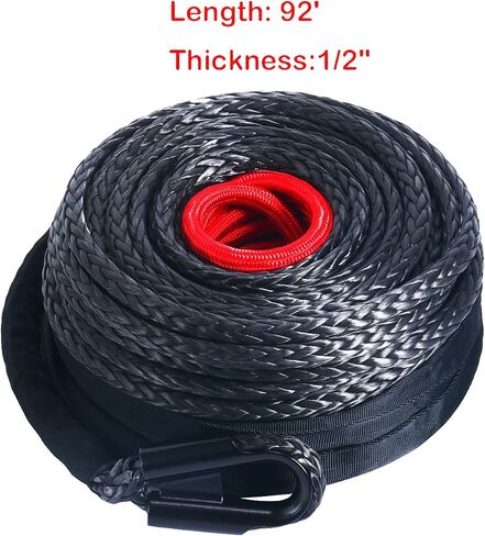 YaeKoo 1/2 "x 92ft خط كابل حبل ونش صناعي مع كم واقي 22000 رطل + 10 بوصة من الألومنيوم الأسود Hawse Fairlead + خطاف أحمر متوافق مع Jeep ATV UTV SUV Truck Boat Ramsey in Saudi Arabia