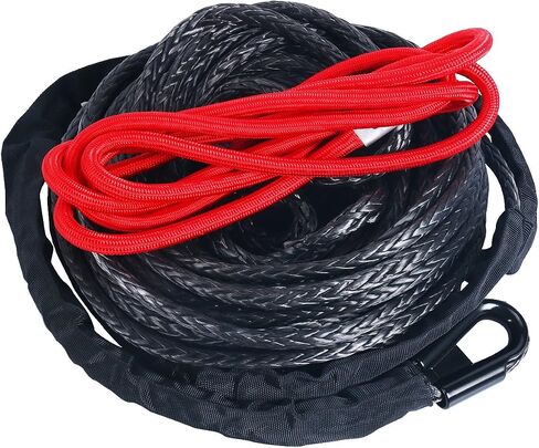 YaeKoo 1/2 "x 92ft خط كابل حبل ونش صناعي مع كم واقي 22000 رطل + 10 بوصة من الألومنيوم الأسود Hawse Fairlead + خطاف أحمر متوافق مع Jeep ATV UTV SUV Truck Boat Ramsey in Saudi Arabia