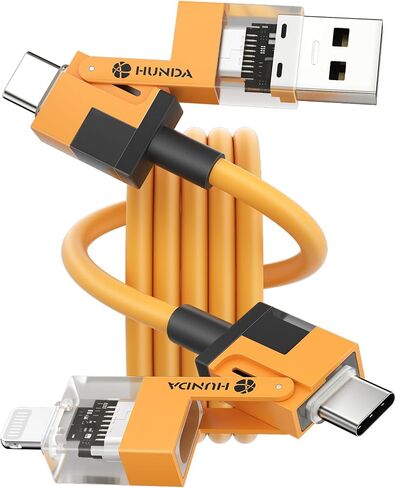 HUNDA 4 في 1 كابل شحن سريع USB C إلى C، سيليكون USB C إلى كابل Lightning 100W كابل مزدوج من النوع C كومبو Lightning/Type C/USB A لمنافذ iPhone 15/15 Pro/15 Pro Max، Android، Samsung إلخ، 5 أقدام in Kuwait