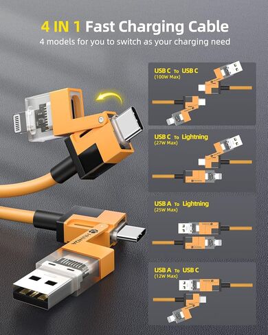 HUNDA 4 في 1 كابل شحن سريع USB C إلى C، سيليكون USB C إلى كابل Lightning 100W كابل مزدوج من النوع C كومبو Lightning/Type C/USB A لمنافذ iPhone 15/15 Pro/15 Pro Max، Android، Samsung إلخ، 5 أقدام in Kuwait