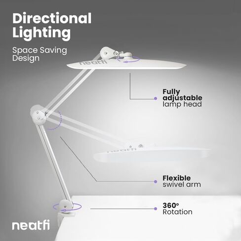 مصباح مهمة Neatfi XL 2,200 لومن LED، مصباح مكتب فائق السطوع 24 وات، 117 قطعة SMD LED، 4 مستويات سطوع، عاكس للضوء، ضوء LED للمهام للمنزل والمكتب ومنضدة العمل (غير CCT، أبيض) in Saudi Arabia