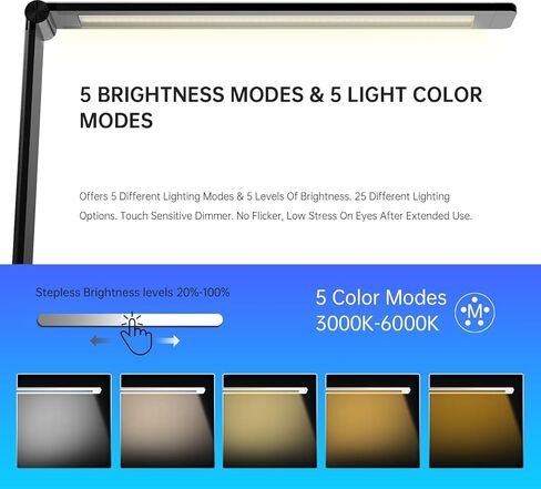 مصباح مكتب Ambertronix LED مع منفذ شحن USB، ضوء مكتب قراءة خافت للضوء للمنزل، مع 5 مستويات سطوع و3 أوضاع إضاءة، تحكم باللمس، مؤقت تلقائي (أبيض) in Kuwait