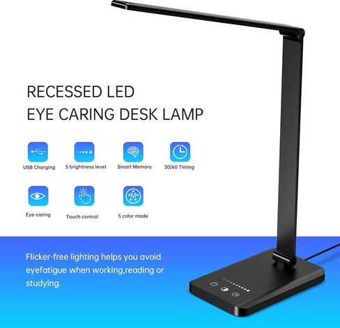 مصباح مكتب Ambertronix LED مع منفذ شحن USB، ضوء مكتب قراءة خافت للضوء للمنزل، مع 5 مستويات سطوع و3 أوضاع إضاءة، تحكم باللمس، مؤقت تلقائي (أبيض) in Kuwait
