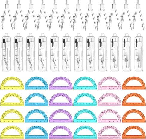 48 قطعة مجموعة الرياضيات الهندسية 24 حزمة 6 بوصة 180 درجة منقلة الرياضيات البلاستيكية السائبة و 24 حزمة الطلاب البوصلة المعدنية السائبة مجموعة الهندسة المدرسية للوازم المدرسية المكتبية (شفاف) in Kuwait