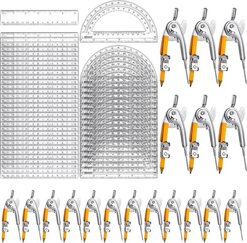 مجموعة الرياضيات الهندسية للطلاب، منقلة بوصلة هندسية مع قلم رصاص وبوصلة مسطرة بلاستيكية مستقيمة ومنقلة لأعمال الخشب في مكتب المدرسة للطلاب (48 قطعة) in Kuwait