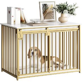 HOOBRO Dog Crate Furniture, 39.4" Heavy Duty Dog Kennel with Sliding Barn Door, Decorative Dog Crate Indoor, End Side Table for Small/Medium Dog, White and Gold DW162GW03