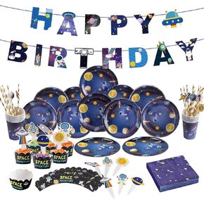 89Pcs Outer Space Themed Birthday Party Decoration Kit Galaxy Planet Theme Happy Birthday Banner/Plates/Napkins/Cups/Straws/ Cupcake Toppers Wrappers Set Universe Astronaut Party Supplies