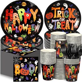 Sliner 180 Pcs Halloween Party Supplies Plates Napkins Cups Serve 30 Halloween Disposable Paper Dinner Dessert Plates Spooky Napkins Cocktail Beverage Cups Plastic Fork Set (Multicolor,Cute Style)