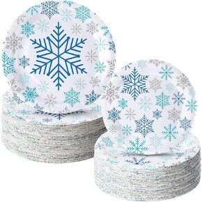 تشمل لوحات أوراق عيد الميلاد في Yungyan 120pcs لوحات حفلات عيد الميلاد 9 بوصة لوحات عشاء 7 بوصة يمكن التخلص منها لمرض العجائب في عيد الميلاد الشتوية عطلة عيد ميلاد (الفضة الأزرق ، النمط أ)
