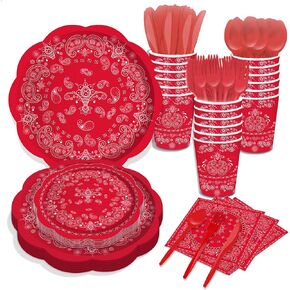 116 Ps Red Bandana Party Supplies for 16 Guests - Decorations Including Paper Plates, Napkins, Cups