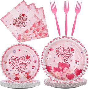 Happy Valentine's Tableware Set Set Party Supplies - يقدم 24 من أدوات المائدة التي يمكن التخلص منها نمط القلب مع لوحات ورقية ، مناديل ، شوكات لعيد الحب ، حفلات الحفلات الرومانسية الذكرى السنوية