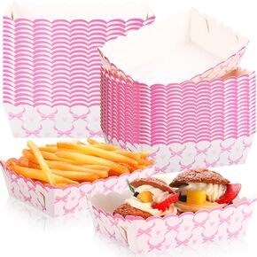 Domensi 60 PCS Pink Bow Paper Food Trays Decortations Kraft Bow Plates Snack Nacho Nacho Hot Dog Popcorn Service Trays Coquette Party Supplies for Wedder Bridal Baby Shower Decoration
