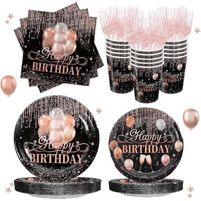 120pcs روز الذهب لوحة عيد ميلاد اللوائح المناديل اللوازم نساء البنات الوردي الورد الذهب بريق سعيد عيد ميلاد ورقة أدوات مائدة يمكن التخلص منها ل 24 ضيفا