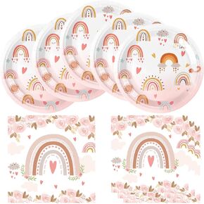 Pink Boho Rainbow Birthday Party Supplies, 20 Plates and 20 Napkins, Pink Boho Rainbow Tableware Set Paper Plates Napkins for Girl Baby Shower 20 Guests