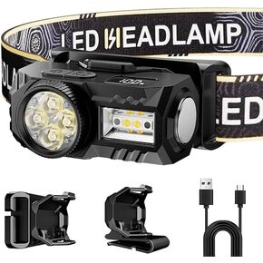 Headlamp Flashlight, Ultra-Light LED Rechargeable Headlight with White Red Light, Waterproof Motion Sensor Head Lamp, 6 Mode for Outdoor Camping Running Hiking Fishing (Black)