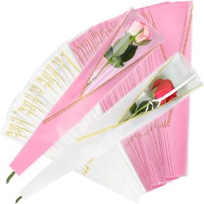 Yarlung 300 Pack Single Single Rose Sleeves For Mother's Day ، هدية تغليف زهرة بيضاء ووردية ، باقة باقة الزهور الذهبية لفائف السيلوفان لعيد الحب ، زفاف ، عيد ميلاد