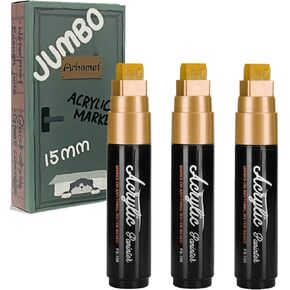 3pcs علامات الذهب jumbo arcylic paint ، قلم الطلاء ، 15 مم عريض السميك الحبر الدائم على الجدران ، الرسم الصخري ، الزجاج ، الحجر ، الخشب ، القماش ، المعادن للفنانين والبالغين