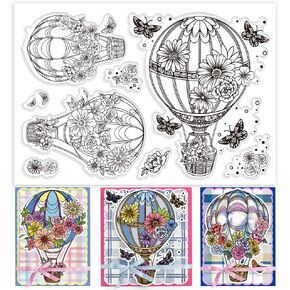 PH PandaHall Hot Air Balloon Clear Stamps for Card Making, Clear Silicone Stamp Flower Transparent Craft Seal Stamp Butterfly Rubber Stamp for DIY Scrapbooking Album Journal Notebook Decor Crafts