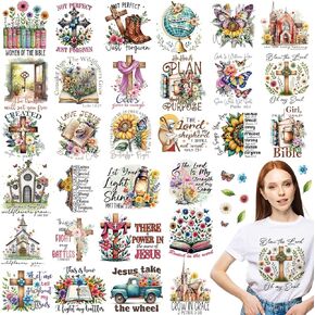 Chiisong 30 Pcs Iron on Transfer Patches Iron on Vinyl Decals for Dtf Heat Transfer Vinyl Stickers DIY Appliques for Clothing T Shirt Pillow Hat(Christian)