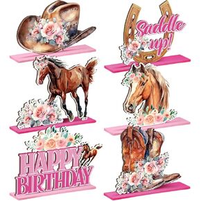 Suzile 6 PCS Horse تحت عنوان عيد ميلاد ديكورات الحفلات الحصان السباق زخارف الطاولة الخشبية مركزية مركزية علامة ديكور لوجود رعاة البقر الغربية لوازم استحمام الطفل